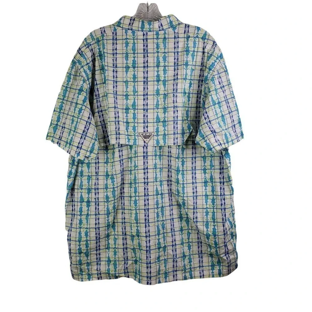 Columbia PFG Shirt Men Size XL Yellow Blue Fish Plaid Vented Short Sleeve Button